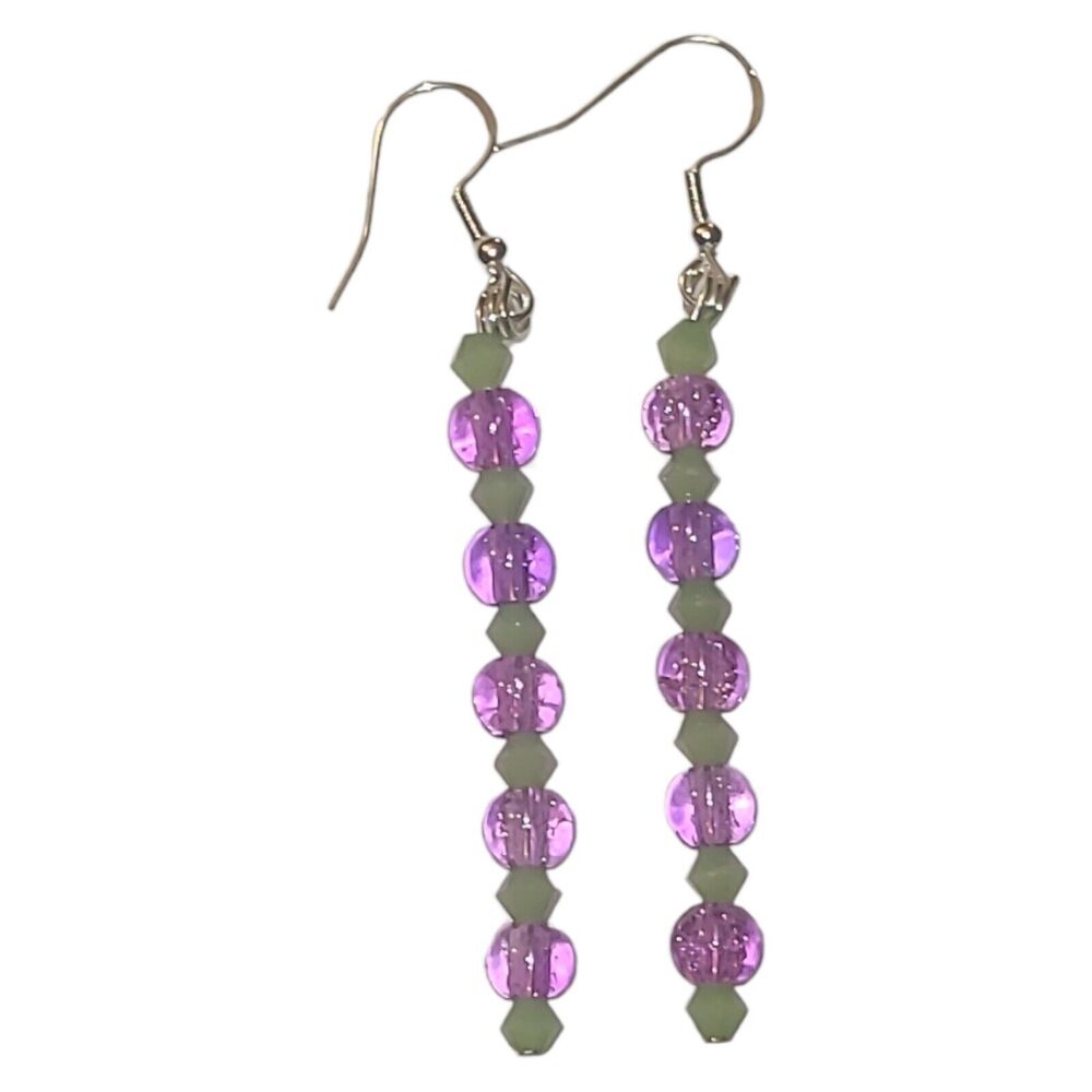Sterling Silver 925 Purple Acrylic & Green Crystal Glass Bead Dangle Earrings 3"